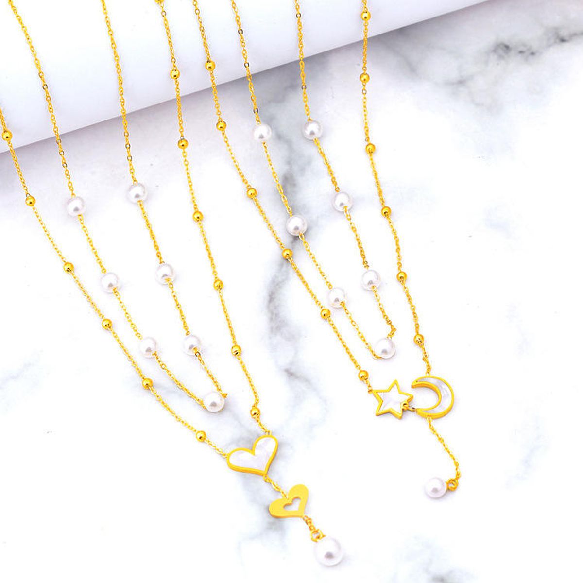 Heart Pearl Mother Of Pearl White 18K Gold Stainless Steel Anti Tarnish Dual Layer Link Chain Y Necklace For Women