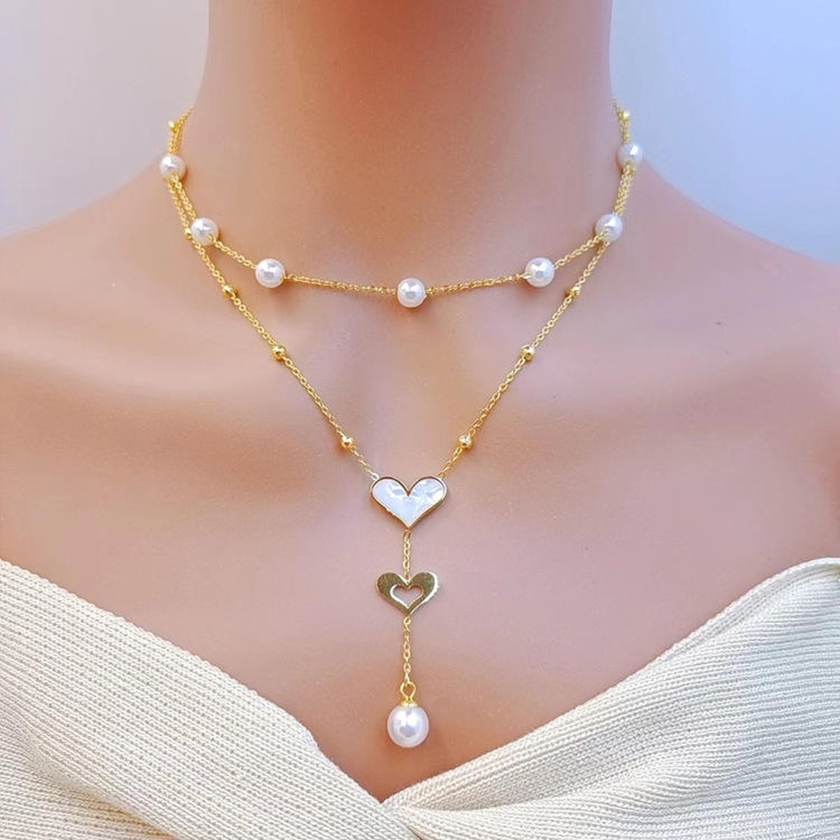 Heart Pearl Mother Of Pearl White 18K Gold Stainless Steel Anti Tarnish Dual Layer Link Chain Y Necklace For Women Secondary image