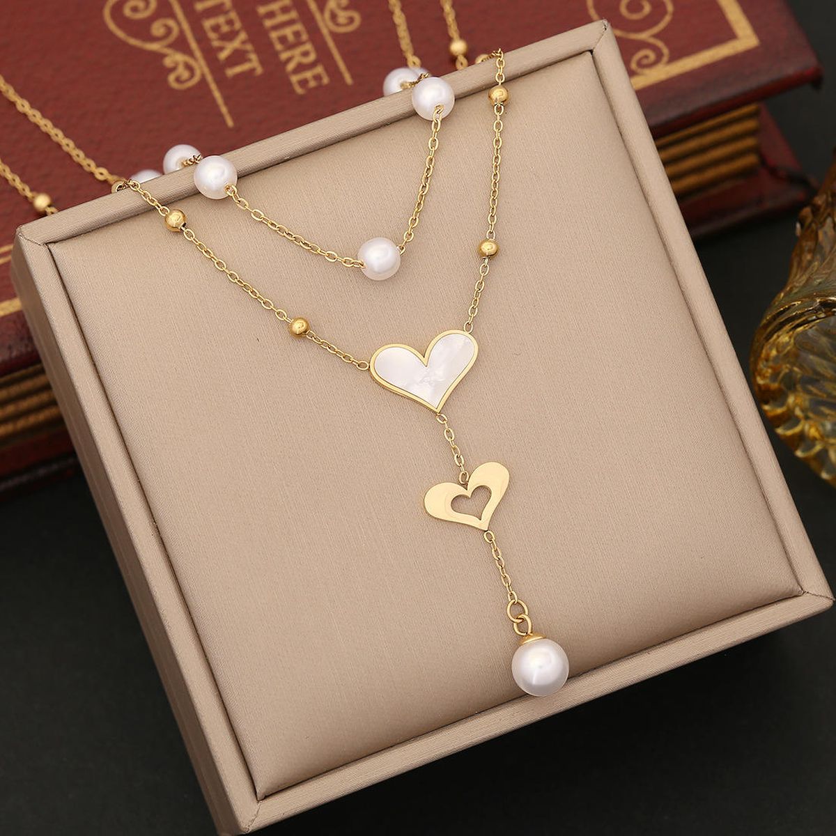 Heart Pearl Mother Of Pearl White 18K Gold Stainless Steel Anti Tarnish Dual Layer Link Chain Y Necklace For Women Main image