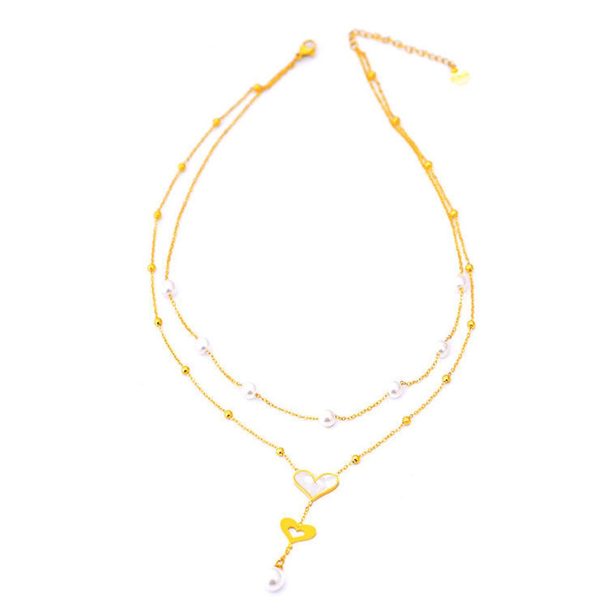 Heart Pearl Mother Of Pearl White 18K Gold Stainless Steel Anti Tarnish Dual Layer Link Chain Y Necklace For Women