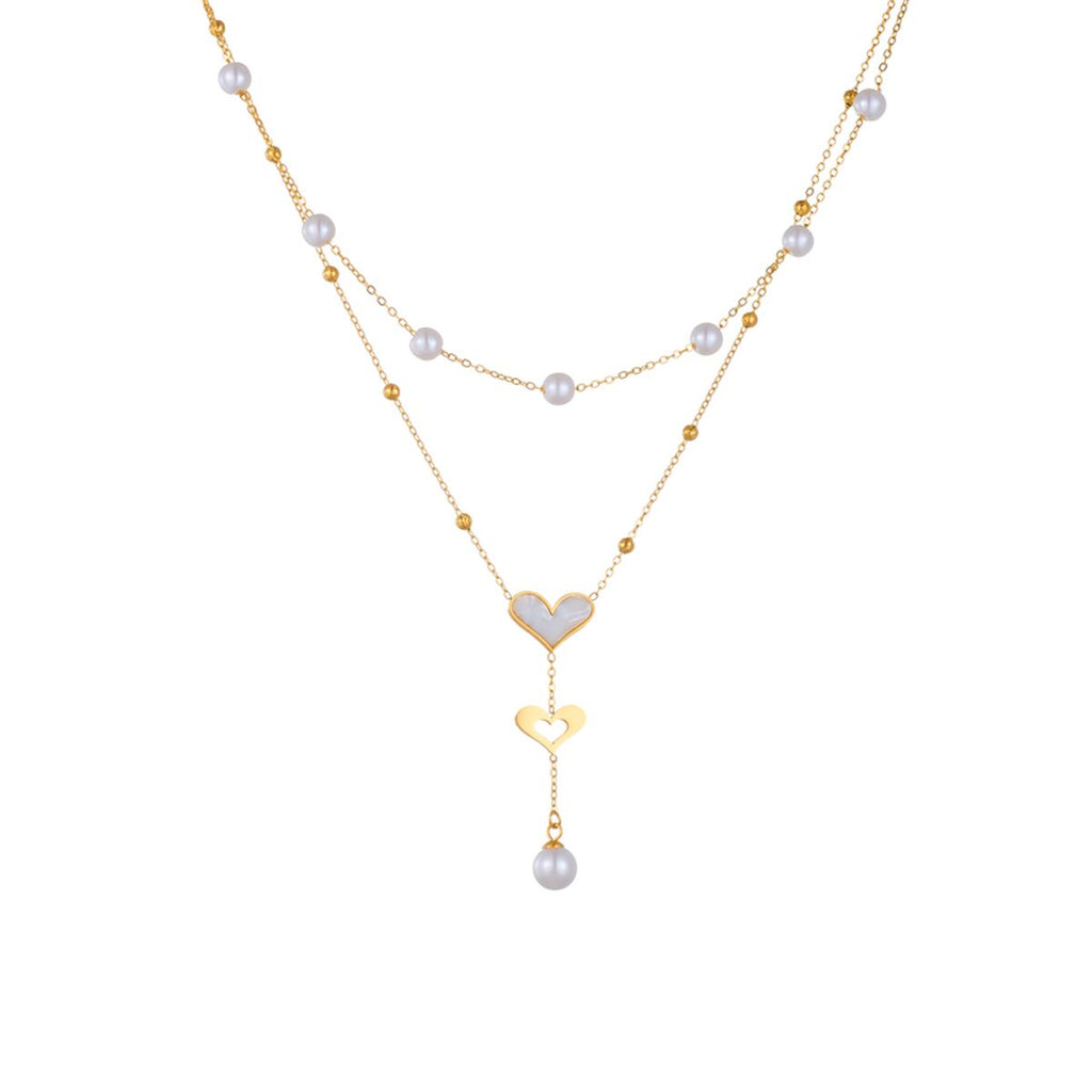 Heart Pearl Mother Of Pearl White 18K Gold Stainless Steel Anti Tarnish Dual Layer Link Chain Y Necklace For Women