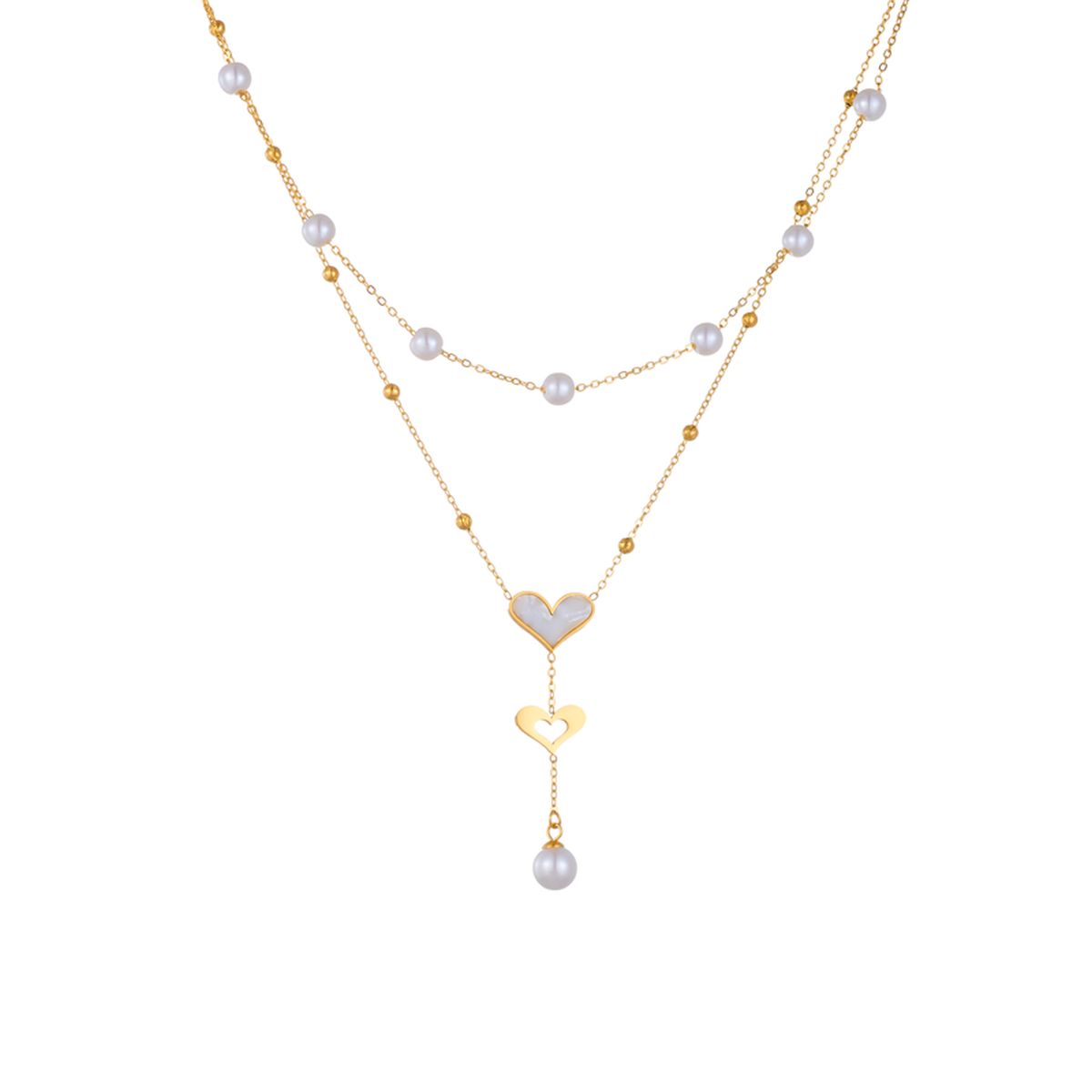 Heart Pearl Mother Of Pearl White 18K Gold Stainless Steel Anti Tarnish Dual Layer Link Chain Y Necklace For Women