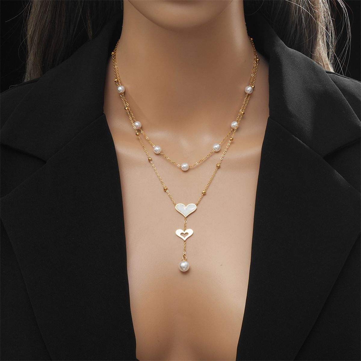 Heart Pearl Mother Of Pearl White 18K Gold Stainless Steel Anti Tarnish Dual Layer Link Chain Y Necklace For Women