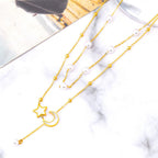 Crescent Star Pearl Mother Of Pearl White 18K Gold Stainless Steel Anti Tarnish Dual Layer Link Chain Y Necklace For Women