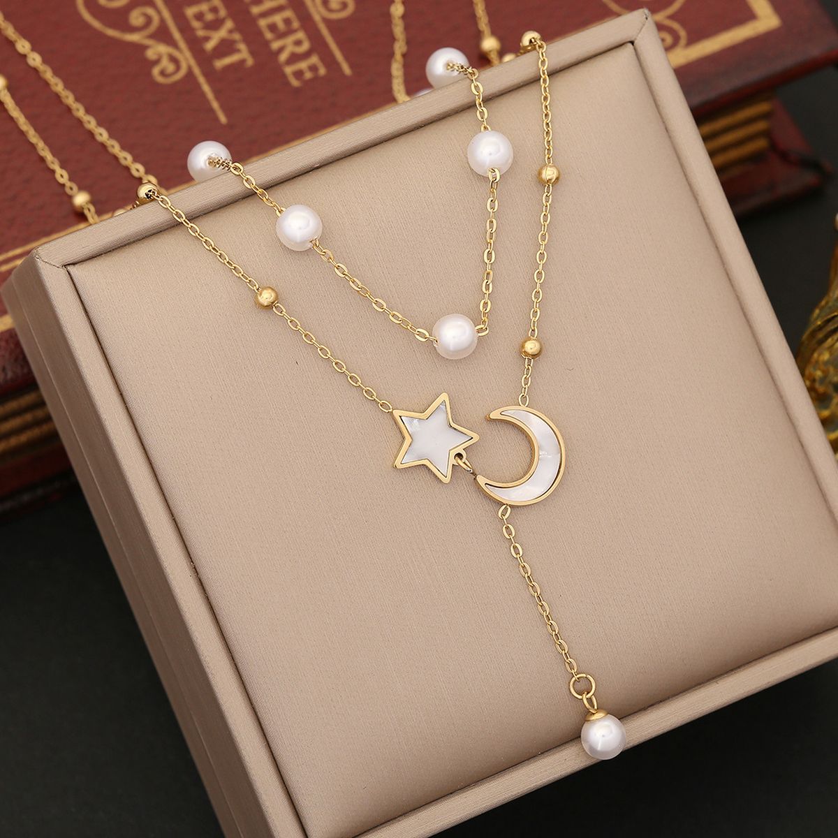 Crescent Star Pearl Mother Of Pearl White 18K Gold Stainless Steel Anti Tarnish Dual Layer Link Chain Y Necklace For Women Main image