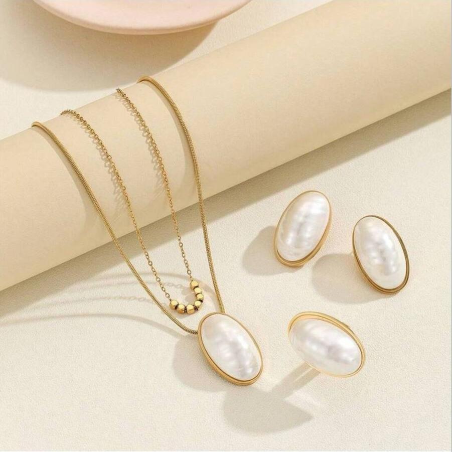 Oval Pearl White 18K Gold Stainless Steel Anti Tarnish Dual Layer Snake Chain Necklace Earring Ring For Women Main image