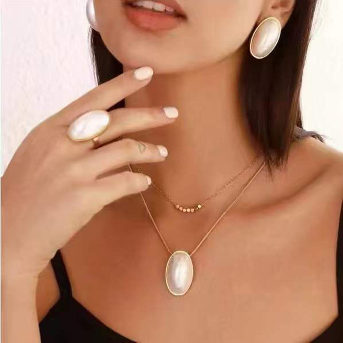 Oval Pearl White 18K Gold Stainless Steel Anti Tarnish Dual Layer Snake Chain Necklace Earring Ring For Women Secondary image