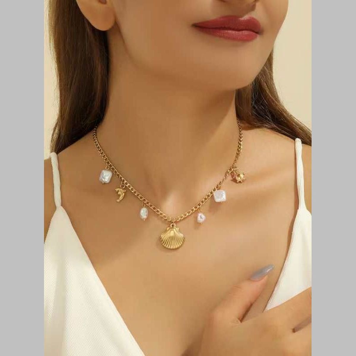Beach Dolphin Turtle Shell Mother Of Pearl White 18K Gold Stainless Steel Anti Tarnish Necklace For Women Main image