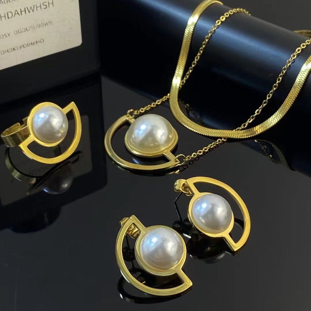 Snake Pearl White 18K Gold Stainless Steel Anti Tarnish Dual Layer Necklace Earring Ring Set For Women Main image