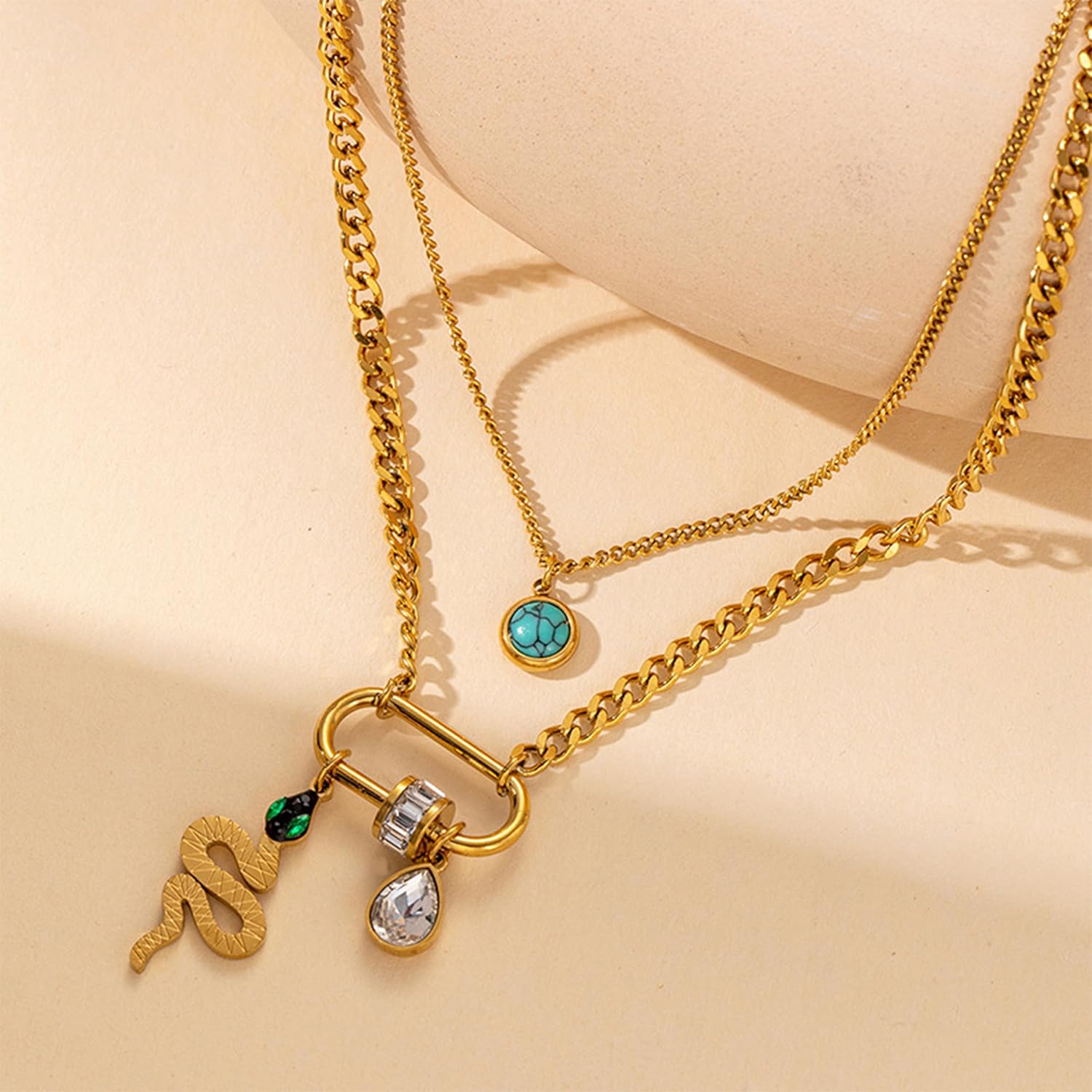 Snake Drop Cubic Zirconia Beads 18K Gold Stainless Steel Anti Tarnish Dual Layer Necklace For Women Main image