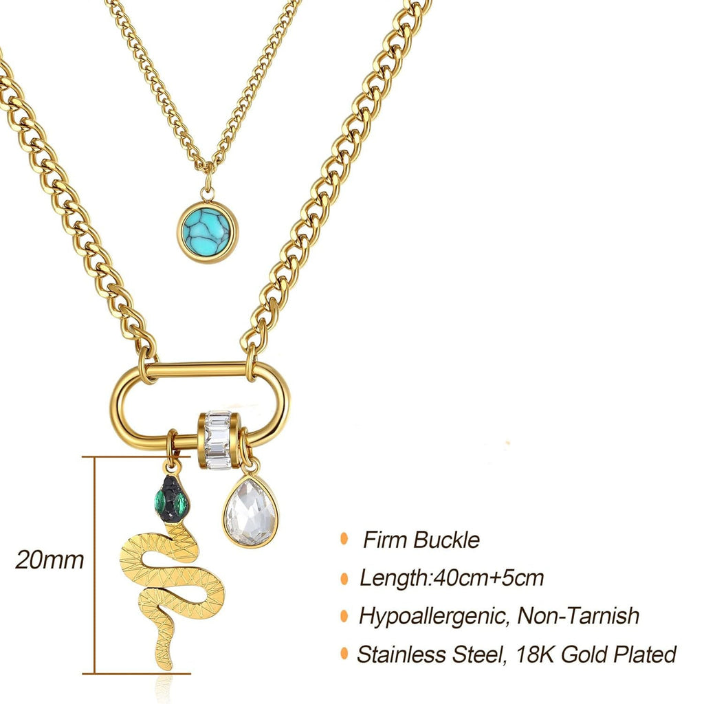 Snake Drop Cubic Zirconia Beads 18K Gold Stainless Steel Anti Tarnish Dual Layer Necklace For Women
