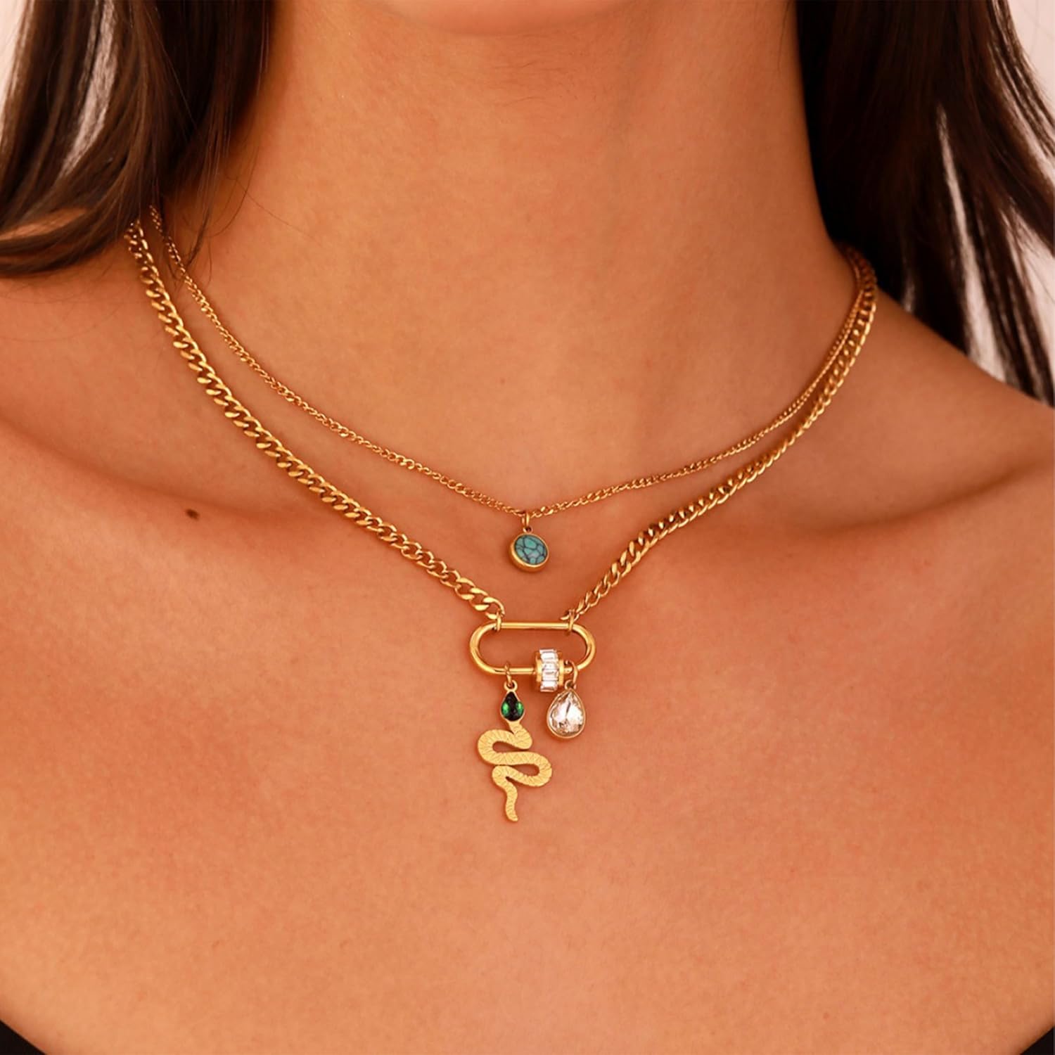 Snake Drop Cubic Zirconia Beads 18K Gold Stainless Steel Anti Tarnish Dual Layer Necklace For Women Secondary image