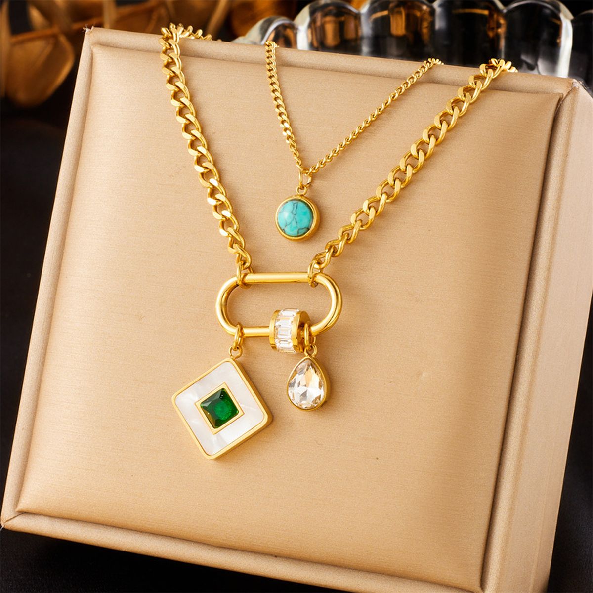 Square Drop Cubic Zirconia Beads White 18K Gold Stainless Steel Anti Tarnish Dual Layer Necklace For Women Main image