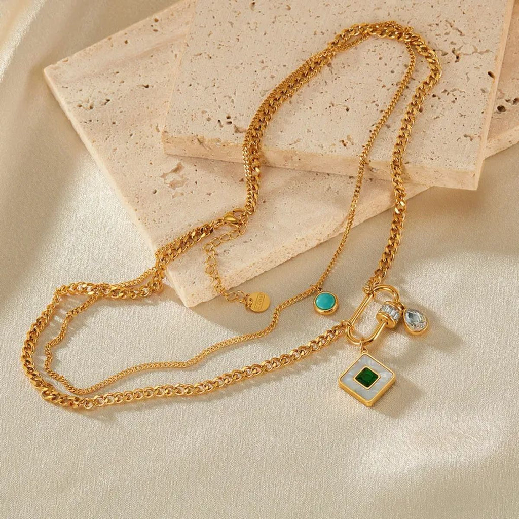 Square Drop Cubic Zirconia Beads White 18K Gold Stainless Steel Anti Tarnish Dual Layer Necklace For Women