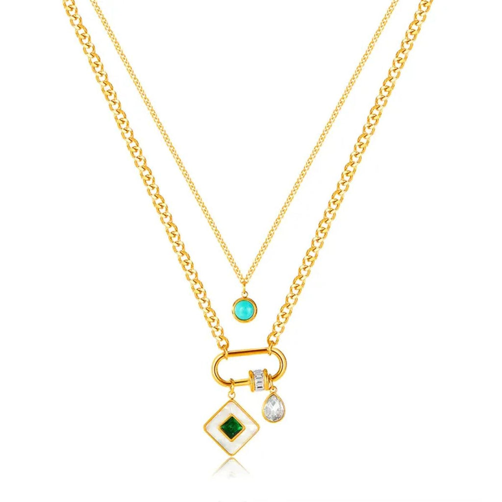 Square Drop Cubic Zirconia Beads White 18K Gold Stainless Steel Anti Tarnish Dual Layer Necklace For Women