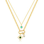 Square Drop Cubic Zirconia Beads White 18K Gold Stainless Steel Anti Tarnish Dual Layer Necklace For Women
