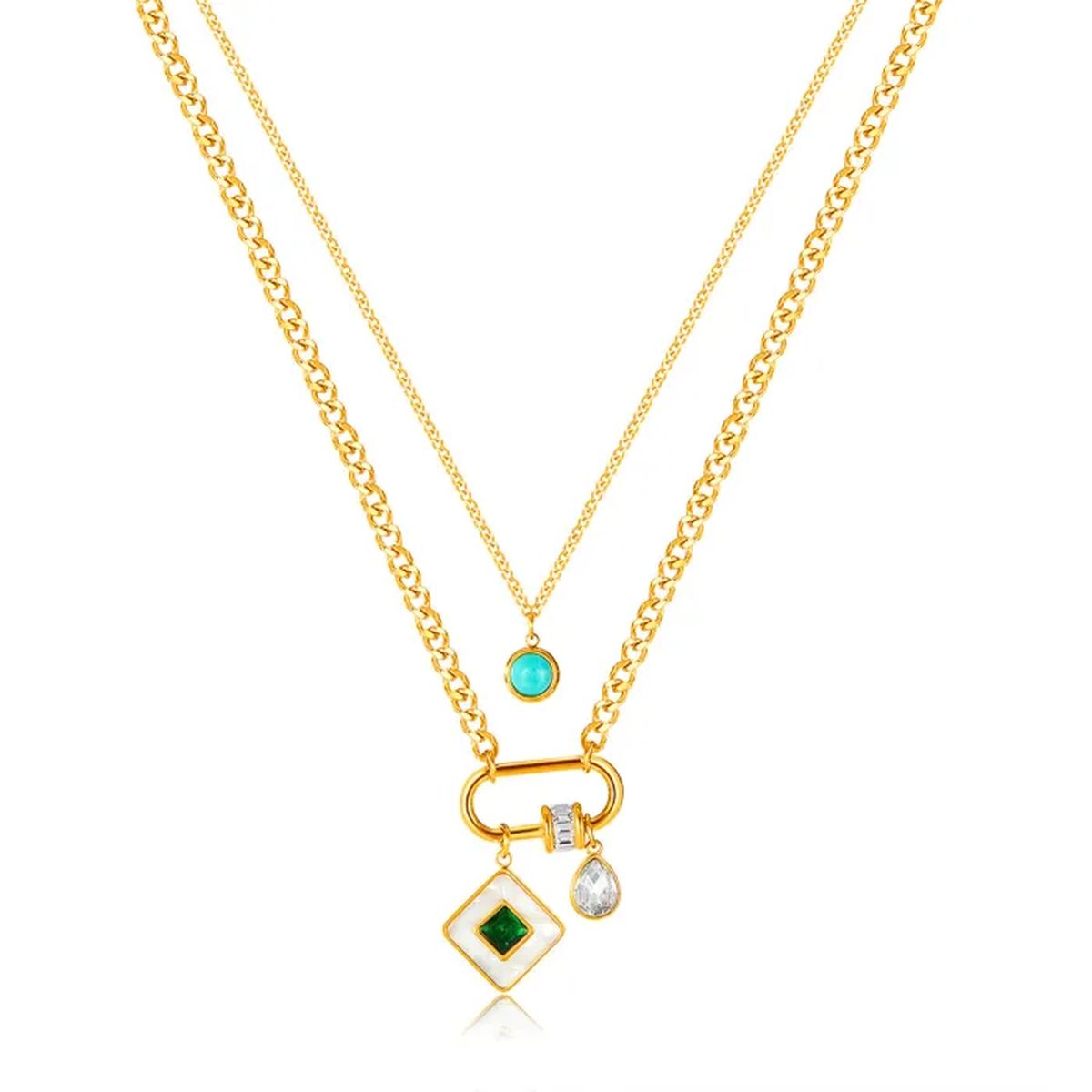 Square Drop Cubic Zirconia Beads White 18K Gold Stainless Steel Anti Tarnish Dual Layer Necklace For Women