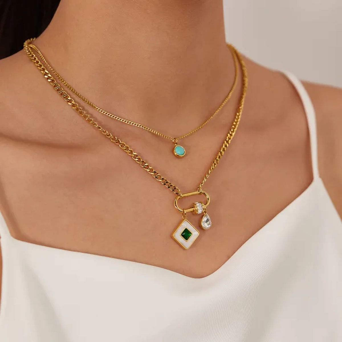 Square Drop Cubic Zirconia Beads White 18K Gold Stainless Steel Anti Tarnish Dual Layer Necklace For Women Secondary image