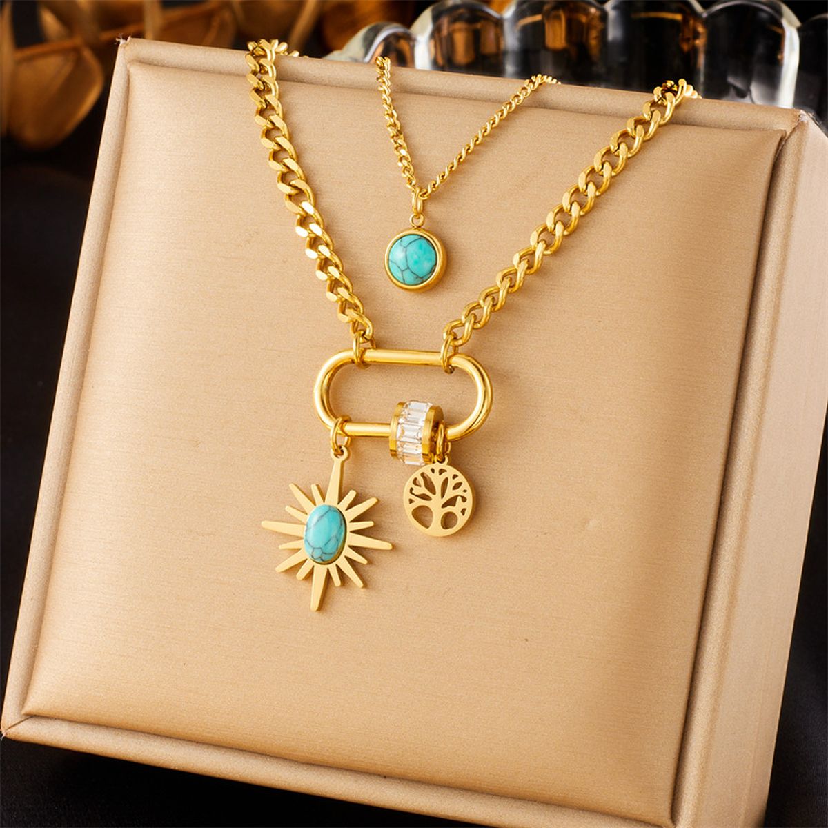 Star Sun Tree Cubic Zirconia Beads Green 18K Gold Stainless Steel Anti Tarnish Dual Layer Necklace For Women Main image