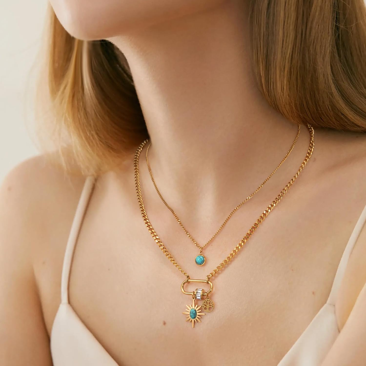 Star Sun Tree Cubic Zirconia Beads Green 18K Gold Stainless Steel Anti Tarnish Dual Layer Necklace For Women Secondary image