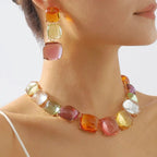 Cushion Cut Crystal Multicolour Gold Choker Necklace Earring Set Bulk
