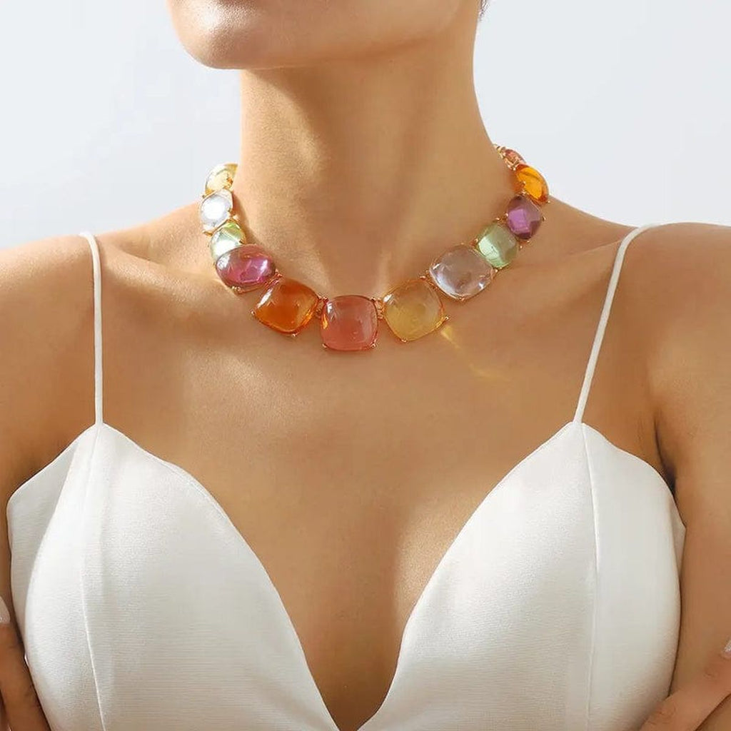 Cushion Cut Crystal Multicolour Gold Choker Necklace Earring Set Bulk