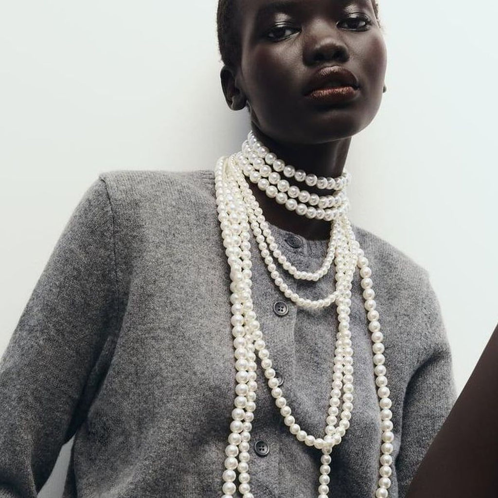 Multilayer Pearl White 18K Gold Anti Tarnish Long Necklace Women Bulk