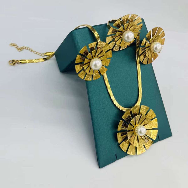 Flower Pearl White 18K Gold Stainless Steel Anti Tarnish Snake Chain Necklace Earring Ring Set For Women Main image