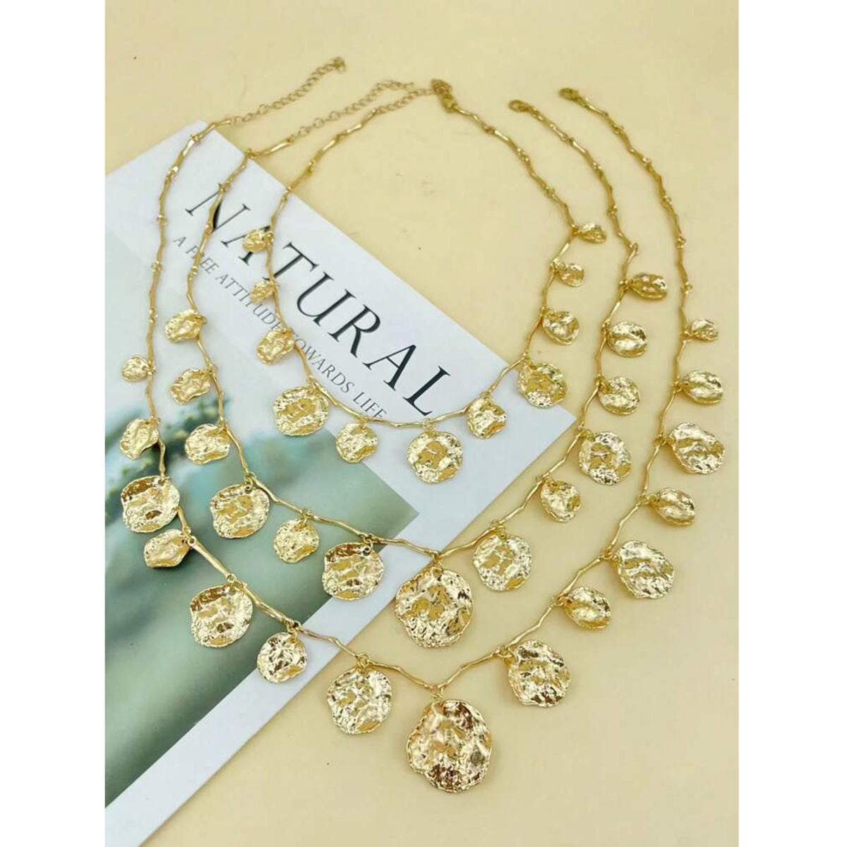 Dented Coin 18K Gold Alloy Charm Long Layer Necklace For Women Bulk