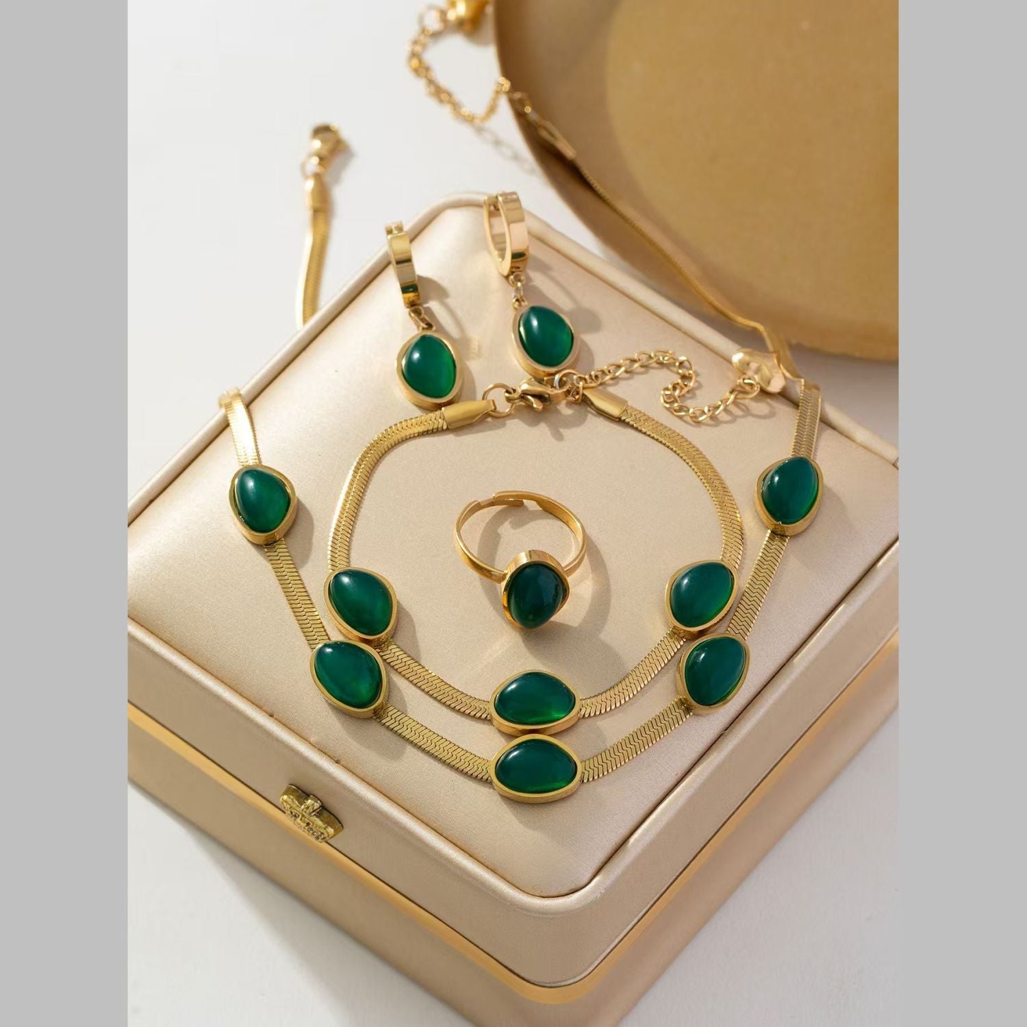 Emerald Green Crystal 18K Gold Stainless Steel Anti Tarnish Snake Chain Necklace Earring Bracelet Ring Set For Women Main image