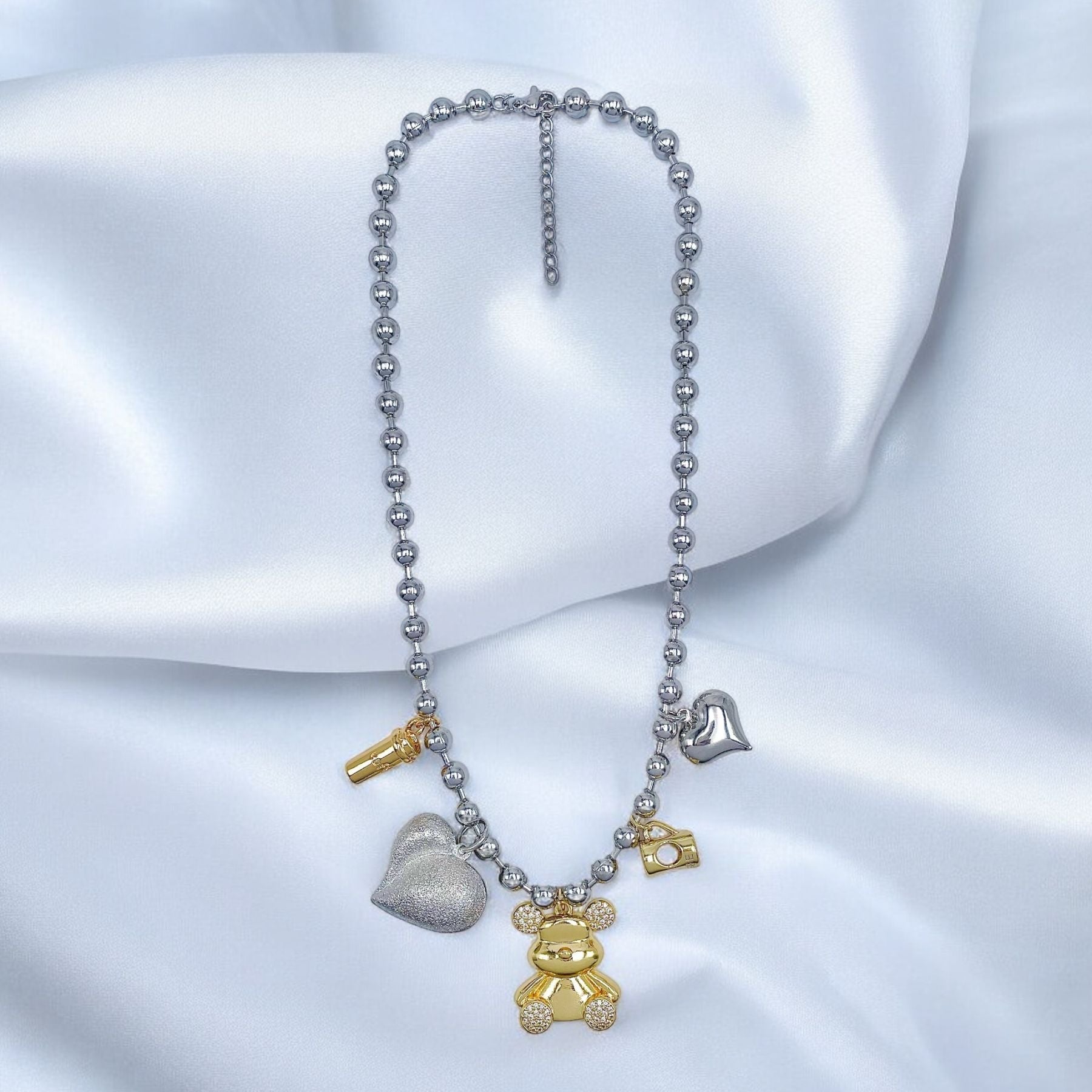 Two Tone Teddy Bear Heart Cubic Zirconia Silver 18K Gold Anti Tarnish Ball Chain Necklace For Women Main image