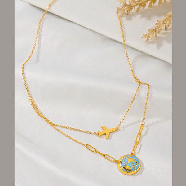 World Globe Aeroplane Enamel Blue 18K Gold Stainless Steel Anti Tarnish Necklace For Women Main image