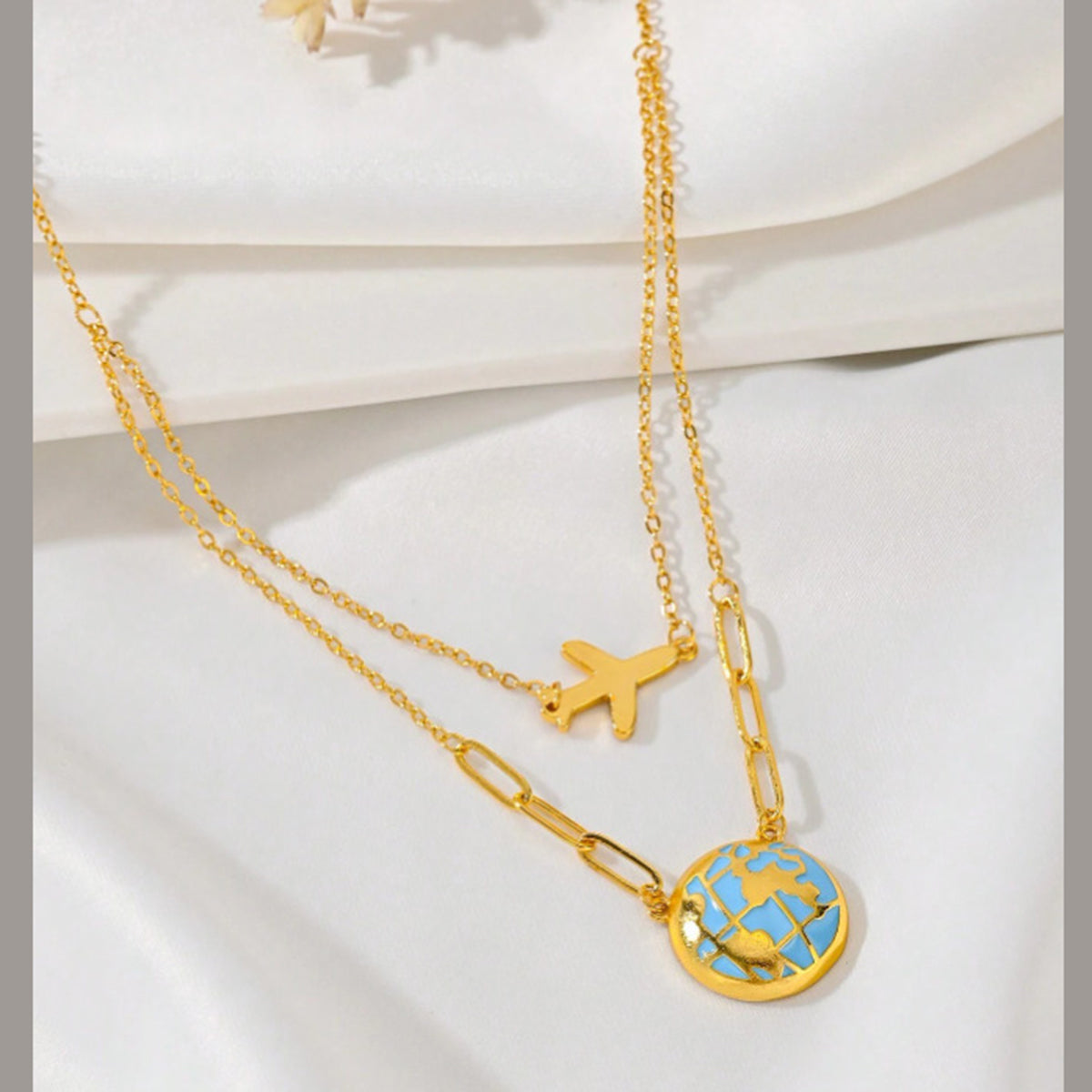 World Globe Aeroplane Enamel Blue 18K Gold Stainless Steel Anti Tarnish Necklace For Women Secondary image