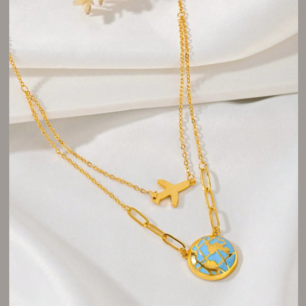 World Globe Aeroplane Enamel Blue 18K Gold Stainless Steel Anti Tarnish Necklace For Women Secondary image