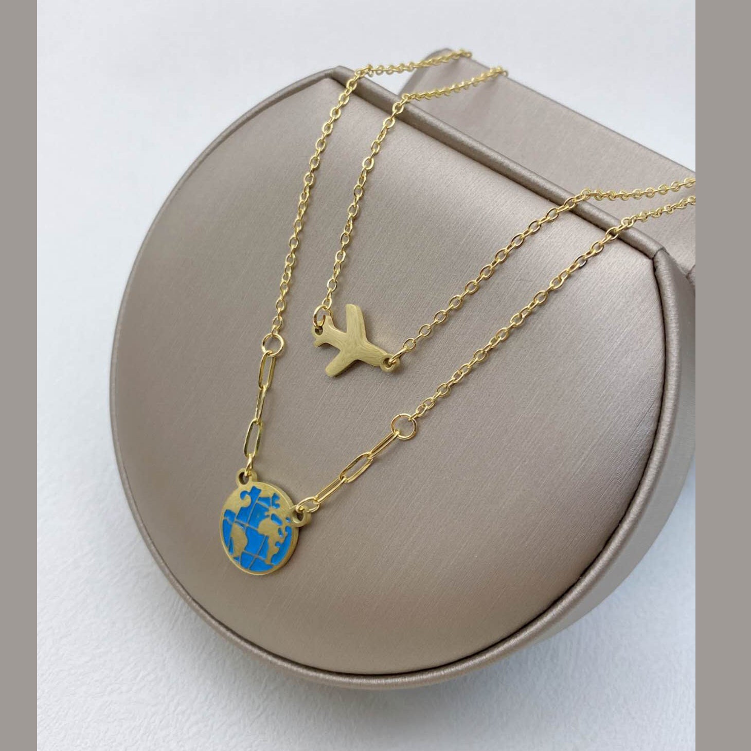 World Globe Aeroplane Enamel Blue 18K Gold Stainless Steel Anti Tarnish Necklace For Women