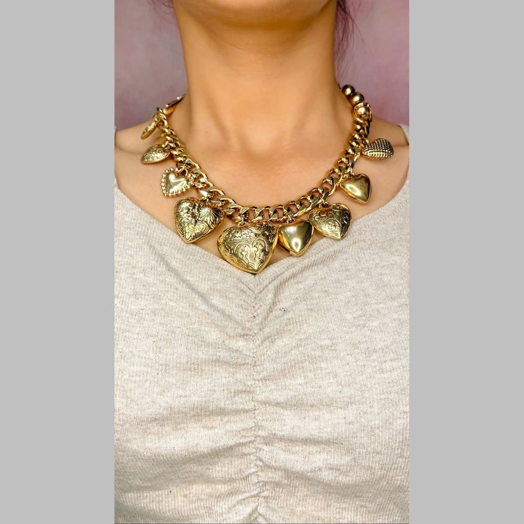 Heart 18K Gold Anti Tarnish Ball Curb Chain Statement Necklace Bulk