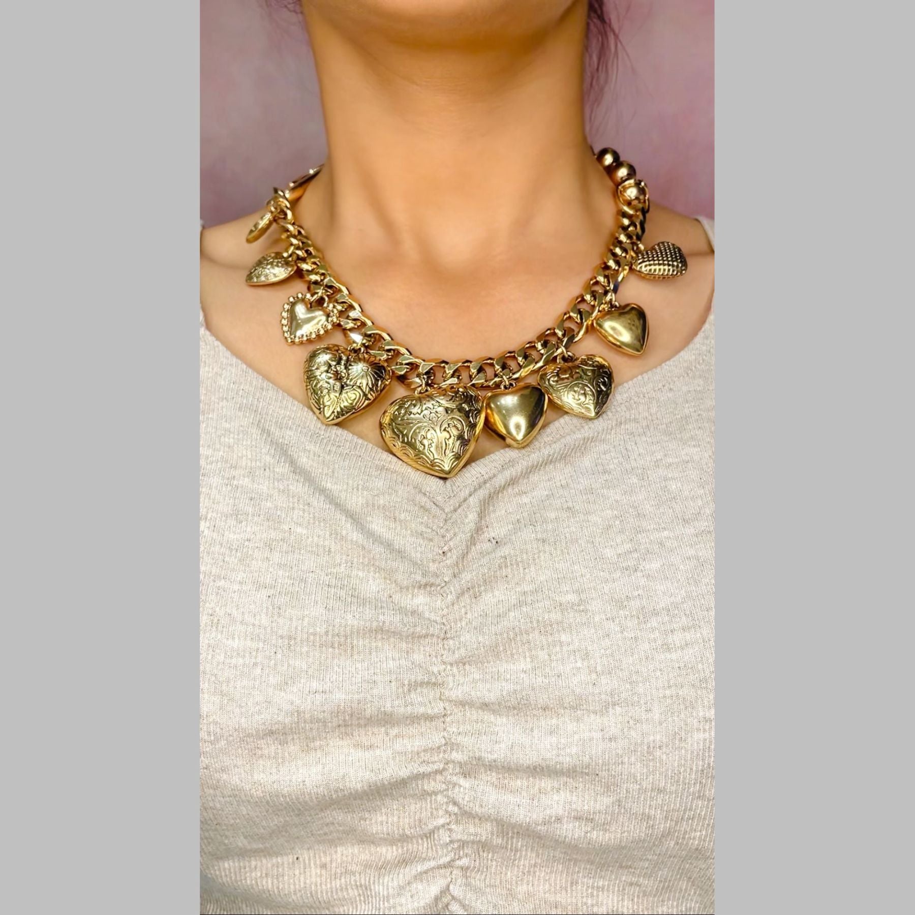 Heart 18K Gold Anti Tarnish Ball Curb Chain Statement Necklace Bulk