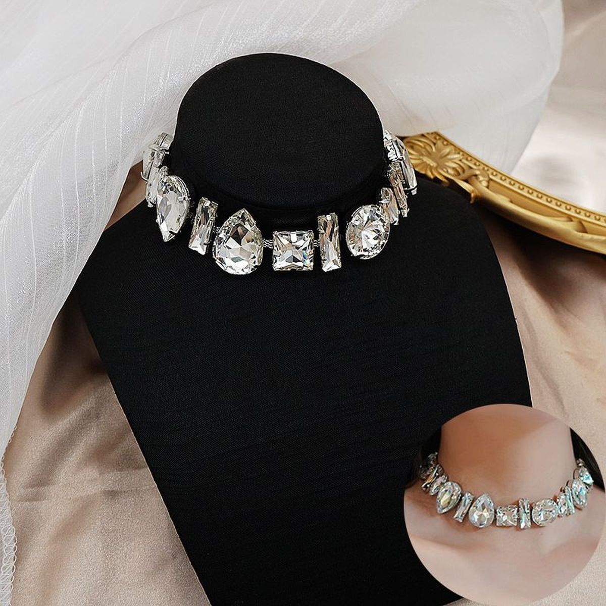 Drop Square Rhinestone 18K Gold Anti Tarnish Statement Necklace Bulk