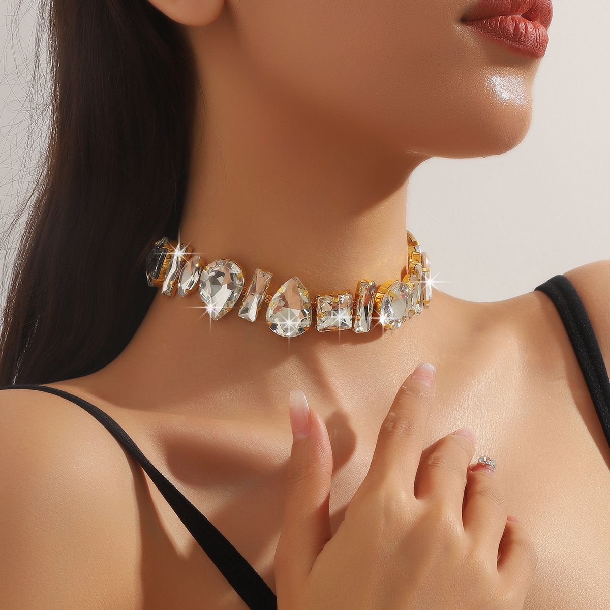 Drop Square Rhinestone 18K Gold Anti Tarnish Statement Necklace Bulk