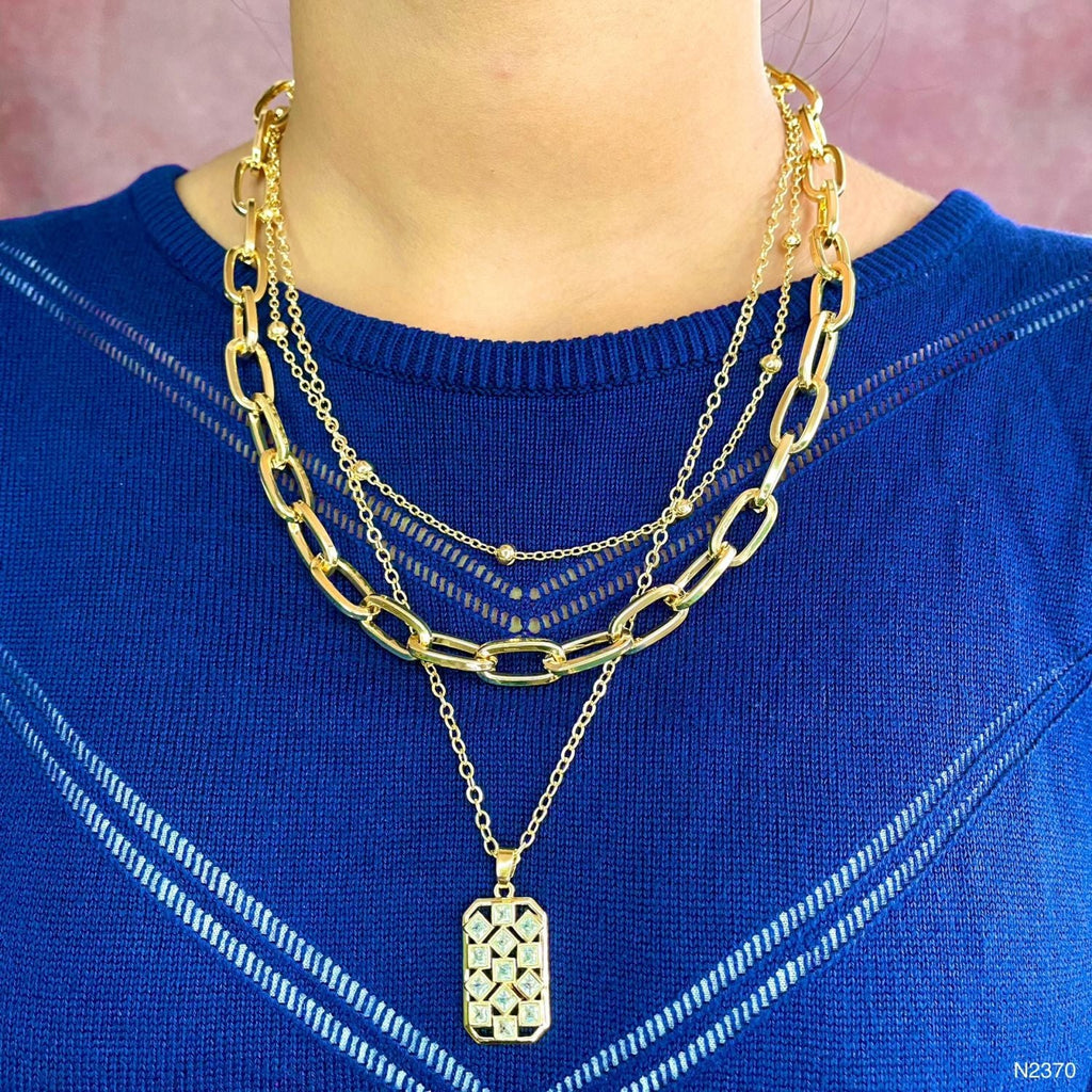 Dog Tag CZ 18K Gold Anti Tarnish Three Layer Link Chain Necklace Bulk