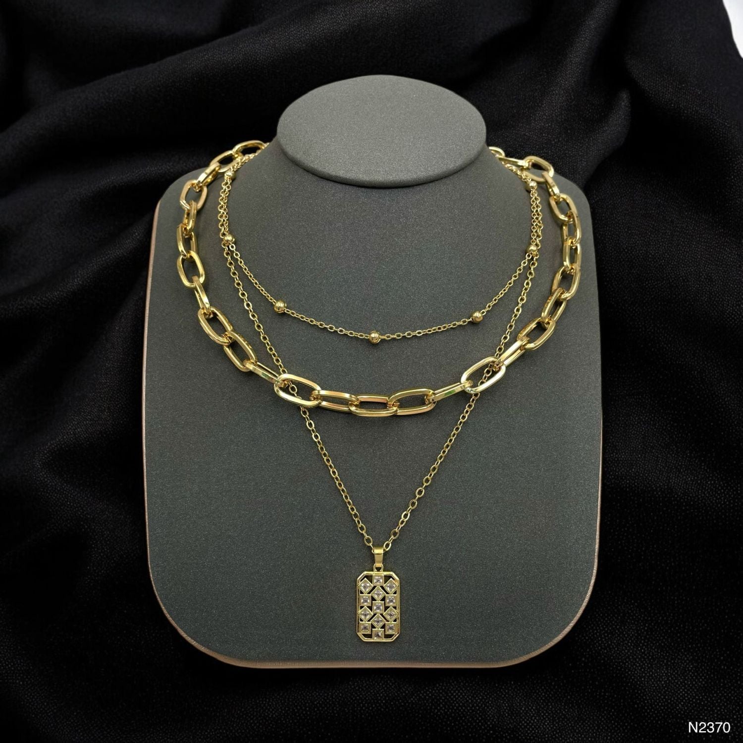 Dog Tag CZ 18K Gold Anti Tarnish Three Layer Link Chain Necklace Bulk