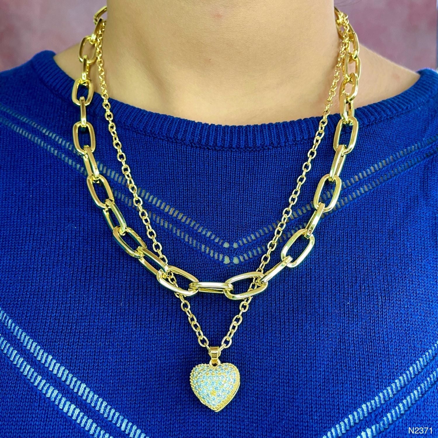 Heart CZ 18K Gold Anti Tarnish Three Layer Link Chain Necklace Bulk Main image