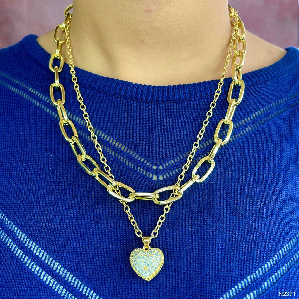 Heart CZ 18K Gold Anti Tarnish Three Layer Link Chain Necklace Bulk