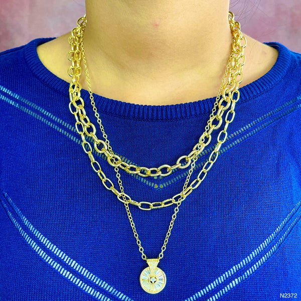 Baguette CZ Gold Anti Tarnish Three Layer Link Chain Necklace Bulk Main image