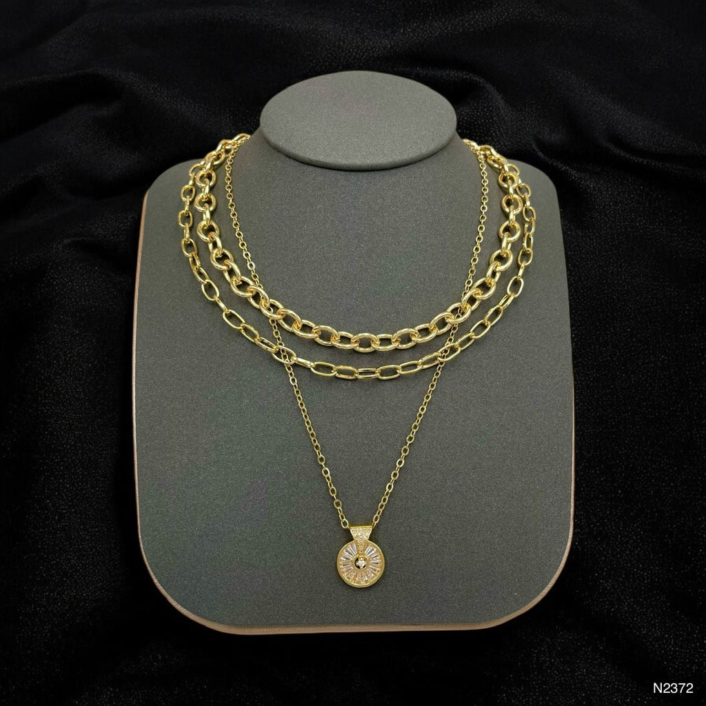 Baguette CZ Gold Anti Tarnish Three Layer Link Chain Necklace Bulk