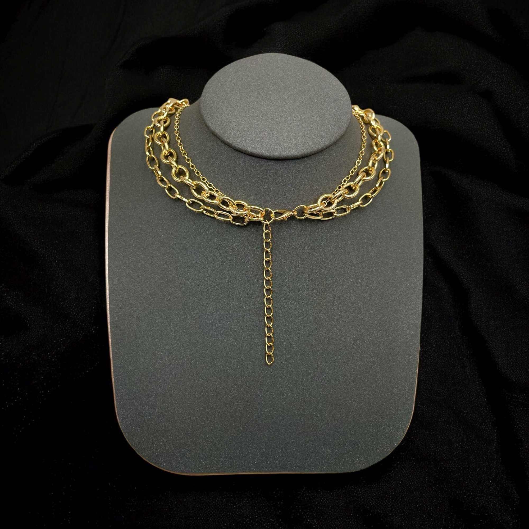 Baguette CZ Gold Anti Tarnish Three Layer Link Chain Necklace Bulk