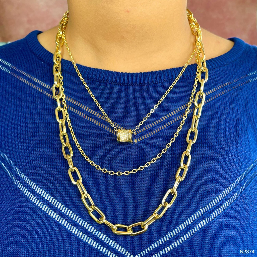 Drum CZ 18K Gold Anti Tarnish Three Layer Link Chain Necklace Bulk