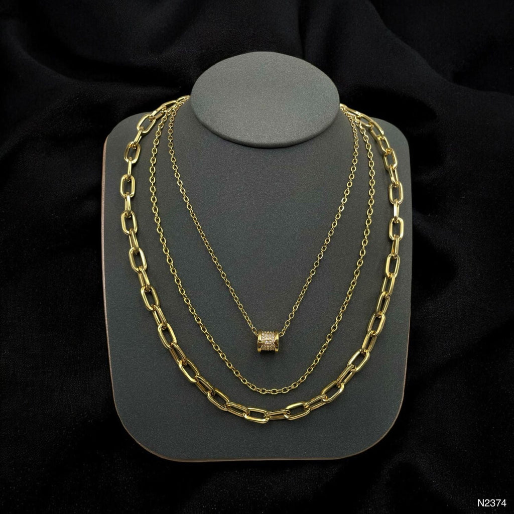 Drum CZ 18K Gold Anti Tarnish Three Layer Link Chain Necklace Bulk