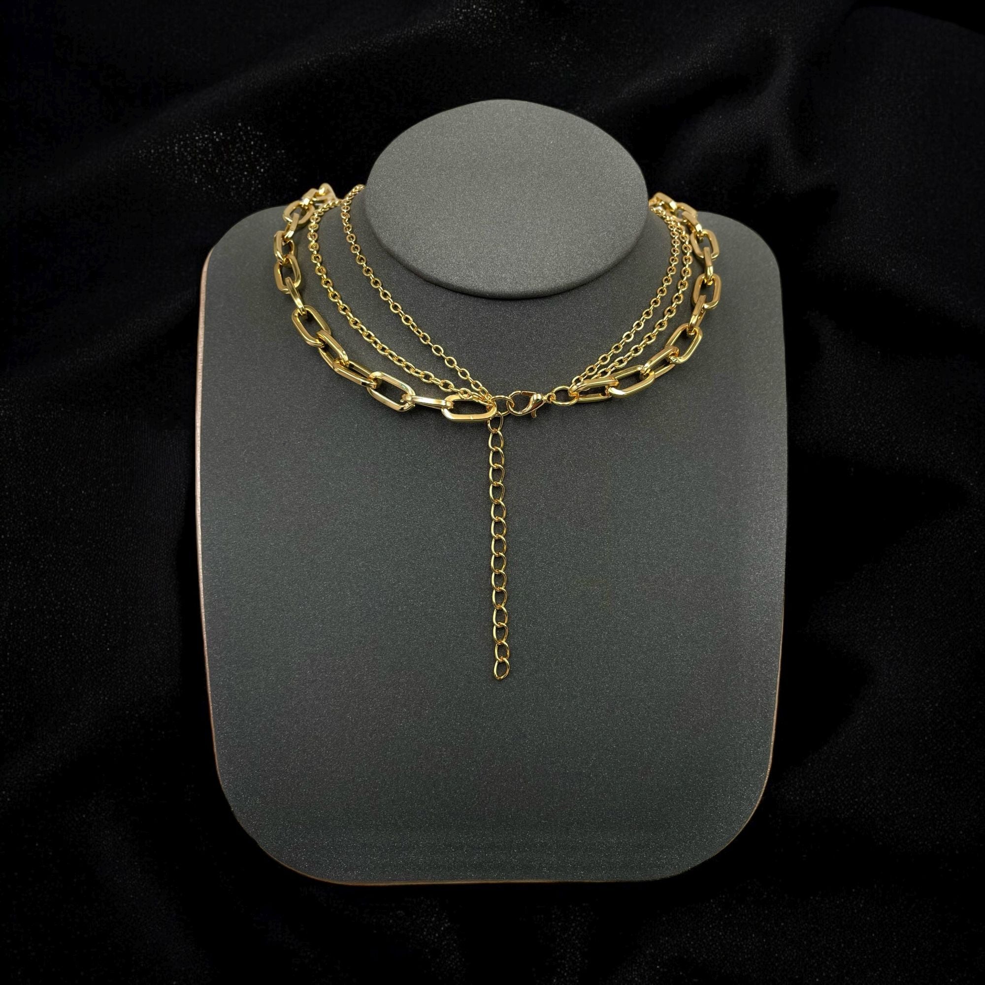 Drum CZ 18K Gold Anti Tarnish Three Layer Link Chain Necklace Bulk
