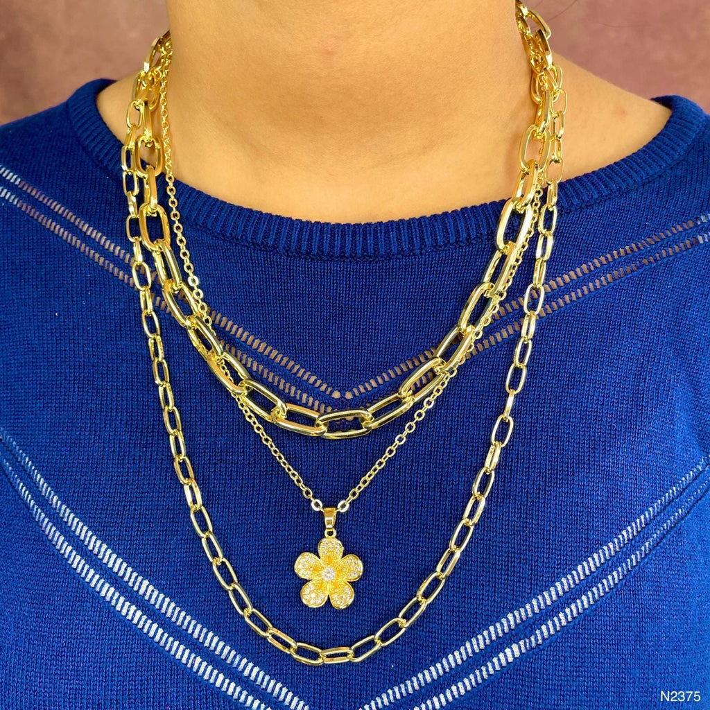 Flower CZ 18K Gold Anti Tarnish Three Layer Link Chain Necklace Bulk